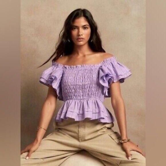 Banana Republic Smocked Off The Shoulder Ruffle Top Purple XL NWOT 2 0173 - Picture 1 of 7